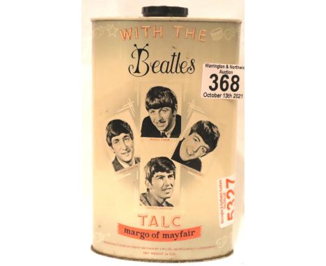 1960s Beatles advertising talc tin and Beatles collectable card, 18 x 11 x 5 cm. P&amp;P Group 1 (£14+VAT for the first lot a