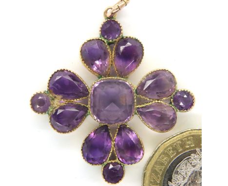 Edwardian yellow metal amethyst set pendant, H: 35 mm, 5.5g, boxed. P&amp;P Group 1 (£14+VAT for the first lot and £1+VAT for