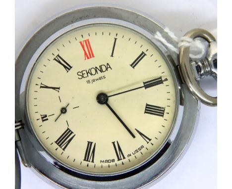 Sekonda; a full hunter chromium cased pocket watch, the dial stamped USSR (crown loose), D: 50 mm, not working. P&amp;P Group