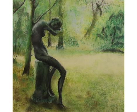 Unknown 20th century pastel on card, Weeping In The Garden, unsigned, 34 x 29 cm. Not available for in-house P&amp;P, contact