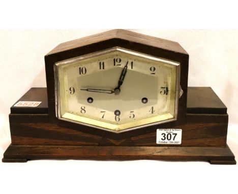 Oak cased Art Deco hexagonal Westminster chime mantel clock, H: 20 cm, working at lotting. Not available for in-house P&amp;P