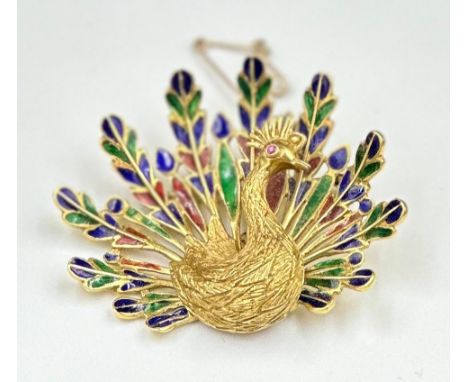 An 18ct gold, marked 750, and enamel peacock, approximate total weight 21g 