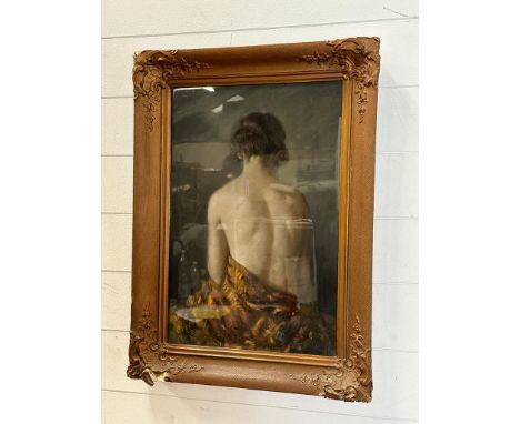 A framed print of a naked lady with a blanket around her waist 36cm x 53cm 