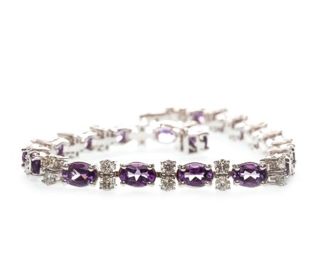 AMETHYST AND DIAMOND BRACELET, set with oval amethysts and interspaced by pairs of round brilliant cut diamonds totalling app