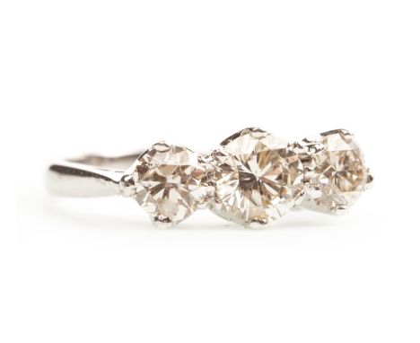 DIAMOND THREE STONE RING, the three round brilliant cut diamonds totalling approximately 1.52 carats, marked 18ct, size K 1/2
