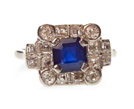 AMENDMENT: THE DIAMONDS ARE OLD CUT AND STEP CUT.BLUE GEM AND DIAMOND RING, the square blue gem bordered by round brilliant a