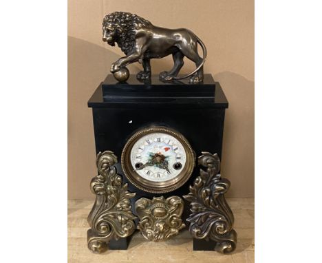 BRONZE &amp; MARBLE LION CLOCK - 45 CMS (H)