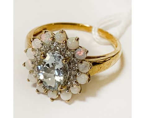 9 CARAT GOLD OPAL &amp; BLUE TOPAZ RING SIZE T