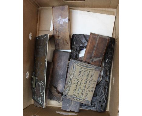 Two brass memorial plaques, Anna Lady Jenningham and Adolphus Fredk James Jenningham, various moulding planes, carved wood go