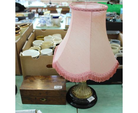 A brass column oil lamp (converted), a Victorian walnut box plus a modern Chinese jardiniere 