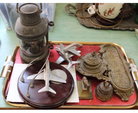 A brass inkstand, masthead lamp plus Franklin Mint reds on high aircraft group etc