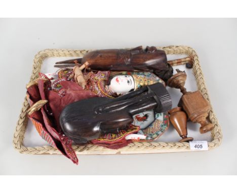 A Jerusalem carving, Javanese puppet, metal horse plus other items