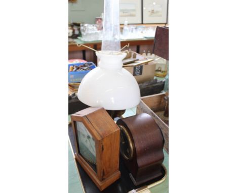 Two mantel clocks plus a brass Aladdin oil lamp