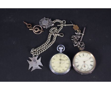 A silver cased pocket watch G Smiths yachting timer watch, two white metal watch chains, two silver fobs etc