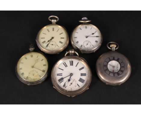 Five silver cased pocket watches including Benson half hunter with blue enamel detail, an Omega pocket watch (stamped case an