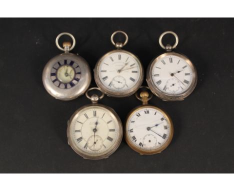 Four silver cased pocket watches and one base metal pocket watch including Benson half hunter with blue enamel details