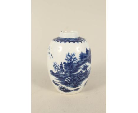 A Worcester blue and white tea caddy, fisherman pattern, crescent mark