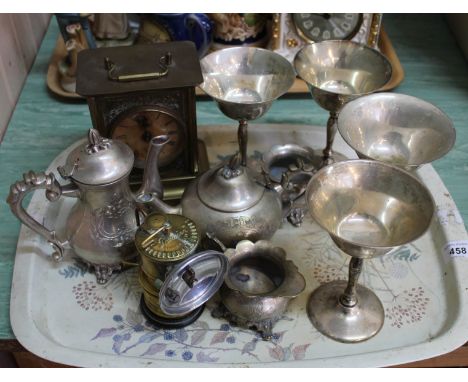 A small Premier brass cycle carbide lamp, brass carriage clock plus items of silver plate