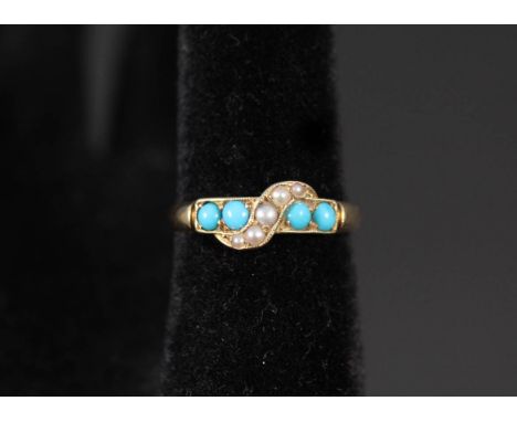 An 18ct gold turquoise and pearl set ring, size R