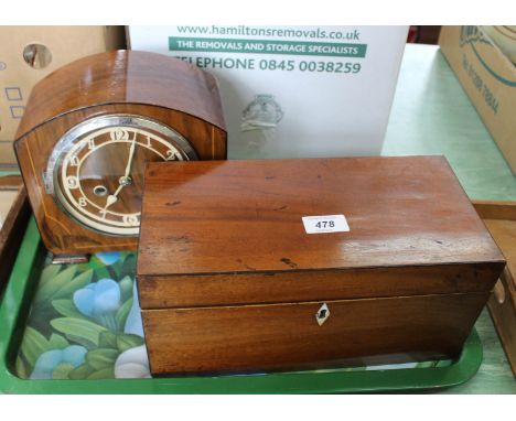 A 19th Century mahogany two compartment tea caddy plus an inlaid mahogany mantel clock