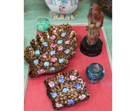 Two glass paperweights, one Caithness plus two enamel dishes and a Chinese soapstone figure of Shoulao, height 7"