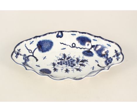 A Worcester blue and white rubber tree plant shaped edge dish with pseudo Chinese marks (light edge chip)
