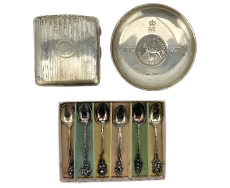 Engine turned silver cigarette case Birmingham 1922, 1977 silver jubilee dish D10cm and six continental 90 standard coffee sp