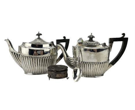 Silver oval teapot with half body reeded decoration, ebonised handle and lift, Sheffield circa 1913 Maker James Dixon & Sons,