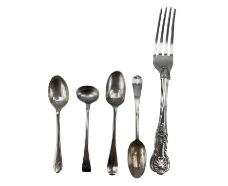 Early 19th century silver salt spoon, Victorian silver Kings pattern dessert fork and three teaspoonsCondition Report:Approx 