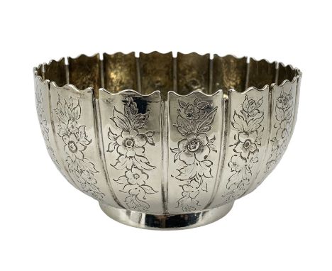 Victorian silver bowl decorated with engraved panels of flowers and gilded interior D13cm London 1841 Maker Joseph Angell I a