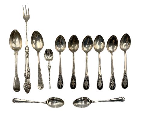 Set of six Thai niello ware tea spoons marked 'Siam, Sterling' Victorian silver pickle fork and five various silver spoonsCon