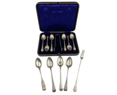 Set of six silver coffee spoons and tongs engraved with initials Sheffield 1918/19, cased, four various silver teaspoons and 