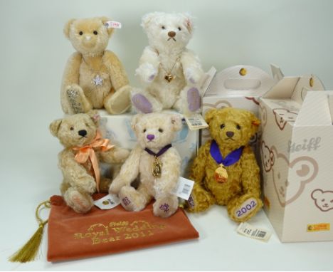 Five Steiff collectors Teddy Bears, four limited edition white tag bears, Teddy Bear Krystopher 2010 blond, 30cm 55-2009 boxe