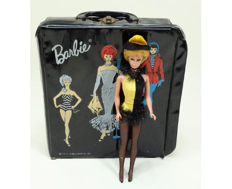 Mattel Blonde Bubble cut Barbie and carry case, 1962/63, Barbie with blue eyes and earrings wearing Masquerade outfit (lacks 