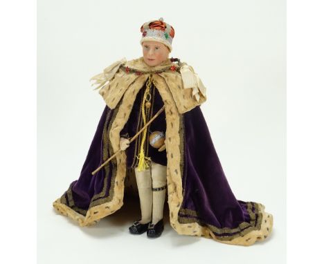 Farnell Alpha Toys King George VI felt portrait doll in Coronation robes, circa 1937, moulded felt face with painted features