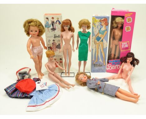 Mattel boxed Barbie, Midge and collection of clothing, 1960s, boxed Barbie redhead ponytail with stand (staining to ears), bo