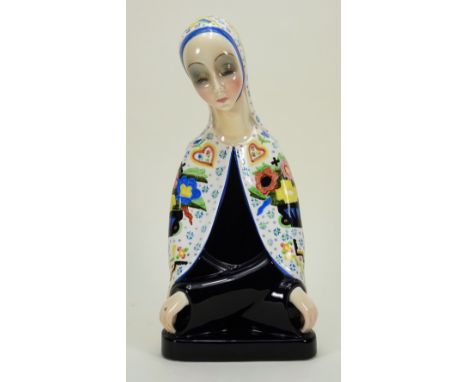 A Lenci Madonna glazed china figurine, Italian 1930s, the half figure with arms crossed and wearing a hooded cloak decorated 