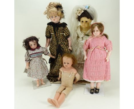 Five modern Artist wax dolls, including a Myrtle Smith/1977 wax shoulder head doll with wax lower limbs, wearing a long colou