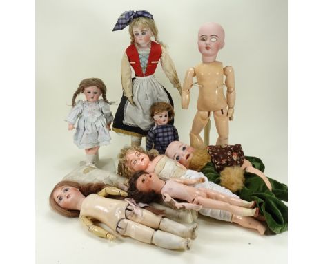 Collection of various dolls, including a for the French market DEP size 8 (hairline to face, lacks eyes and right hand) toget