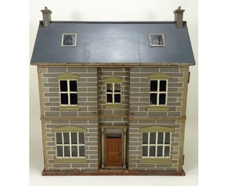 A good painted wooden Dolls House, English late 19th century, painted grey brick exterior with quoining to sides, painted woo