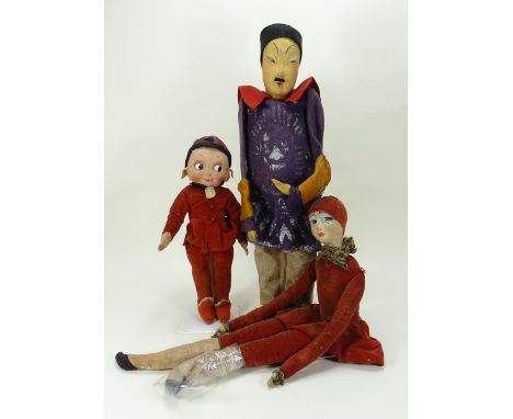 A Oriental Gentleman Boudoir doll, 1920s, cloth head with painted features with small hole to mouth (lacks pipe), felt mousta