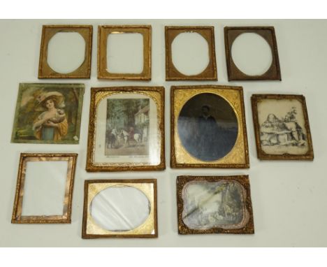Ten gilt framed dolls house picture frames, 19th century, two largest with sepia portrait and country house print with horse 