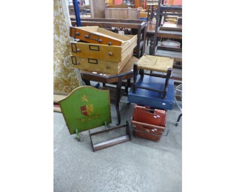 An Edward VII occasional table, an oak stool, a fire screen, drawers and storage boxes