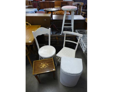 A small painted chest of drawers, two chairs, a stool and two occasional tables