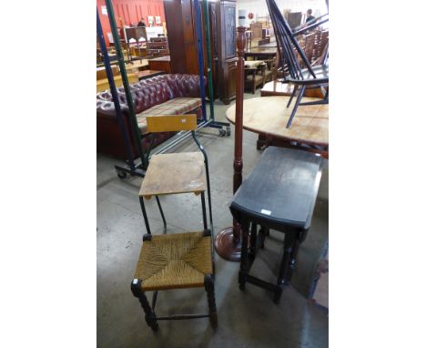 A mahogany standard lamp, oak gateleg table, a rush seated stool and a chair