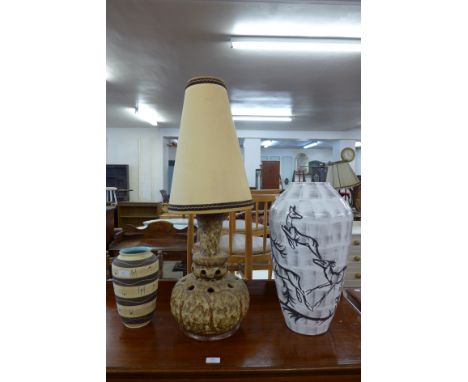 Two West German vases and a table lamp