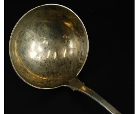 A 19thC white metal fiddle pattern ladle, engraved to the handle with the letter J, triple struck with the maker WS, 6¼oz (M)