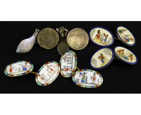 Three pairs of cufflinks, to include two pairs of Egyptian and enamel base metal cufflinks, and a pair of Indian dagger and c