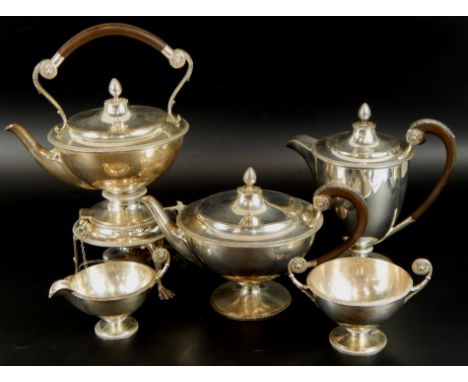 A George V silver five piece tea set, comprising coffee pot, 23cm high, teapot, 18cm high, tea urn, 36cm high, milk jug, 8cm 