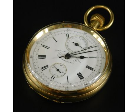 An 18ct gold pocket chronometer watch, with white enamel dial, and Roman numerals, bezel wind, and engraved case, 111.7g all 